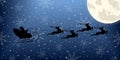 Santa on sleigh with reindeer flying in the night sky with moon. Christmas background with Santa`s sled and Xmas deer. Royalty Free Stock Photo